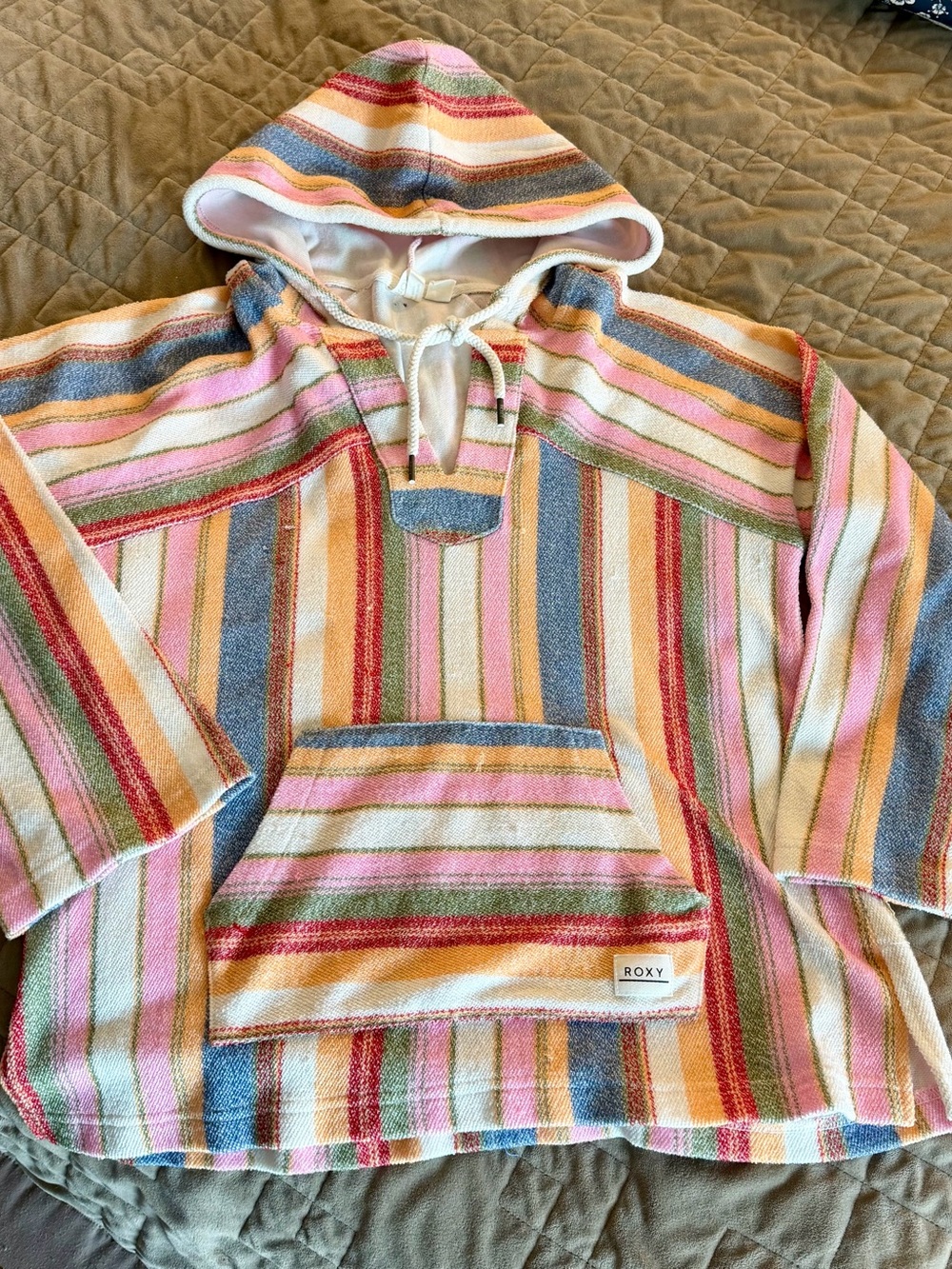 Roxy Striped Hooded Baja Pullover in Pink, Blue, Cream & Green